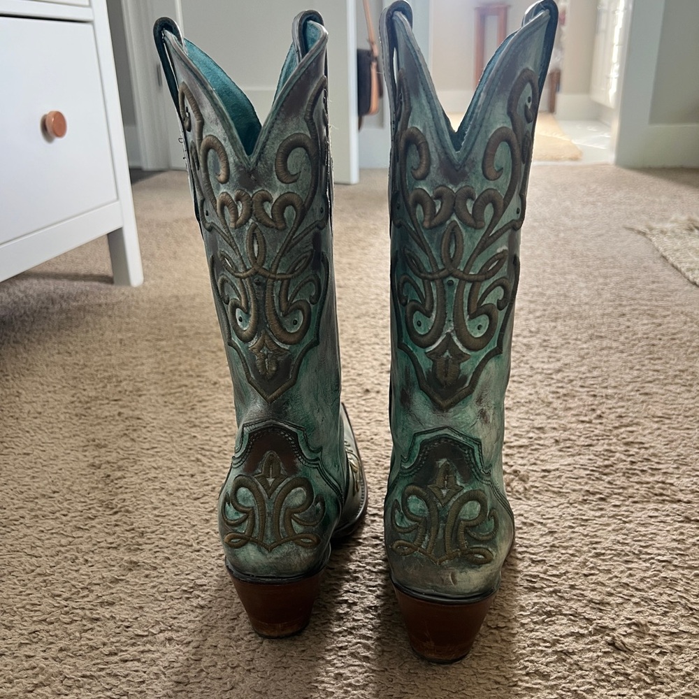 Corral Teal Turquoise Cord Stitch Cowboy Boots Size 9 - Picture 7 of 8